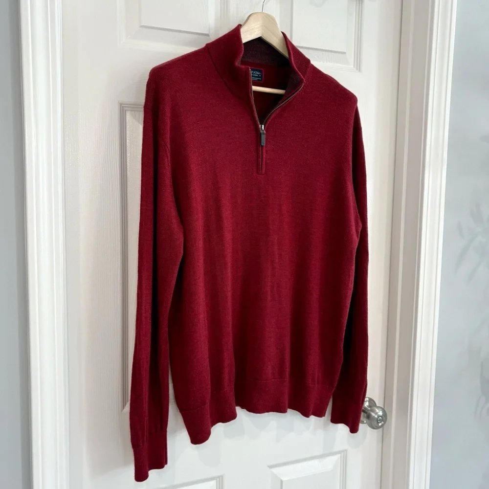 UNTUCKit 'Belguardo' Red 100% Extra Fine Merino Wool 1/4 Zip Sweater Men XL - Picture 3 of 12